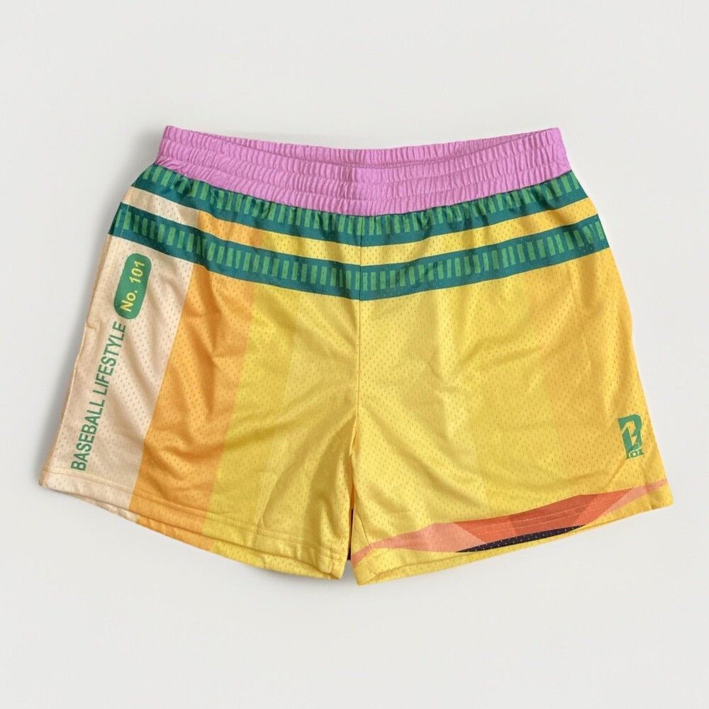 Baseball Lifestyle Men's Yellow Athletic Shorts with Pink Waistband medium
